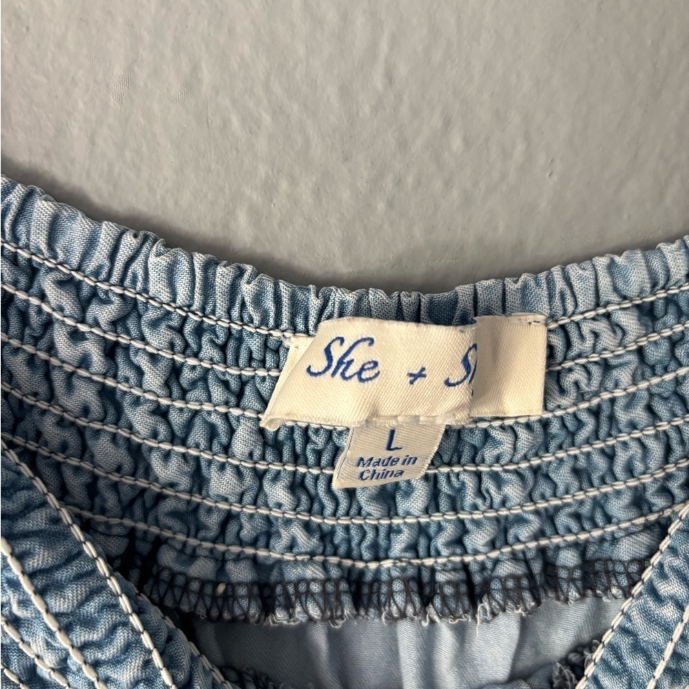 She + Sky | Chambray Ruffle Dress | Light Distressing | L 👗✨ - Picture 6 of 12